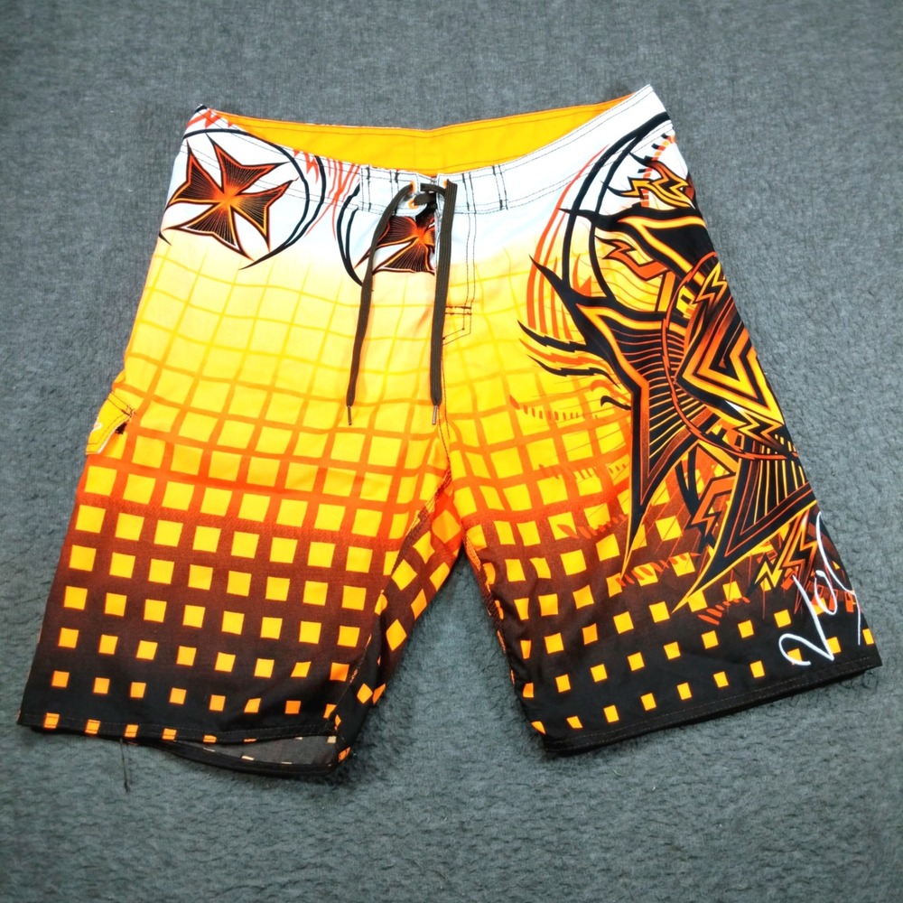 Vintage Volcom Mod Tech Board Shorts Mens 38 Orange Graphic Surf Skate Y2K Fire